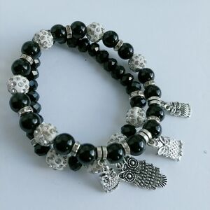 2 Black Glass & Crystal Bead Owl Charm Bracelet